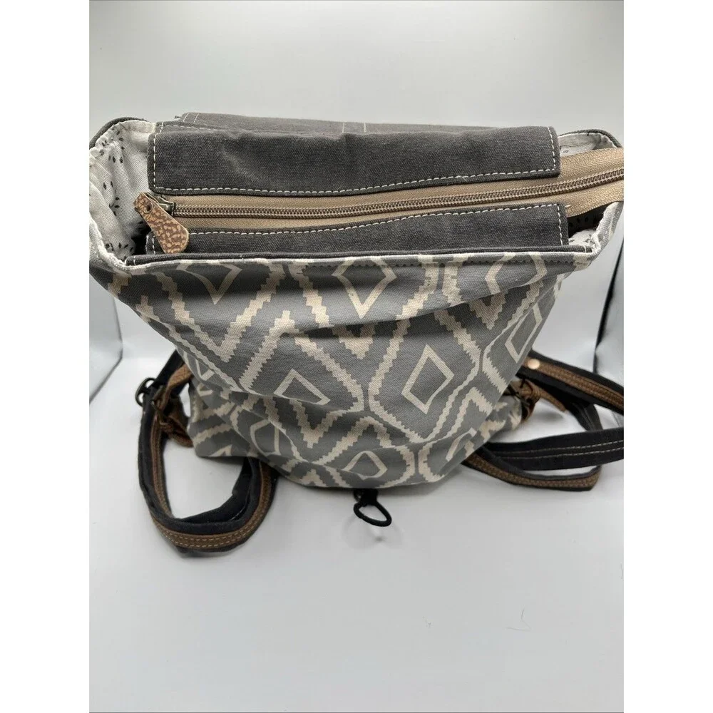 Myra Bag‎ Aztec Motif, Leather, Cotton Backpack, Flap Closure, Grey/White, VGC